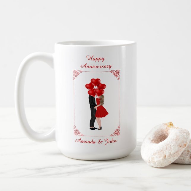 Taza De Café Elegante Red Feliz Aniversario Personalizado Mug (Con donut)