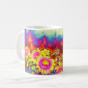 Taza De Café Elegante retro boho acuarela campos de girasoles
