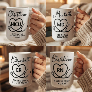 Taza De Café Elegante RN ER NICU Enfermera MD Doctor Script Per