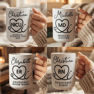 Taza De Café Elegante RN ER NICU Enfermera MD Doctor Script Per