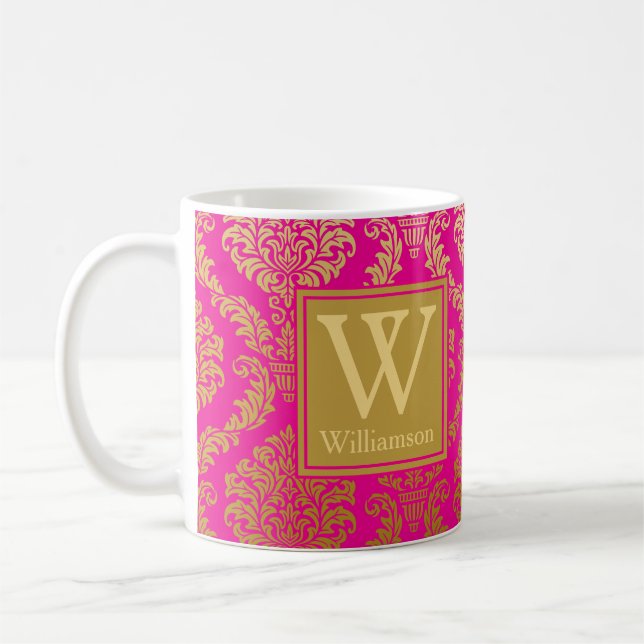 Taza De Café Elegante rosa caliente y damasco personalizado en  (Izquierda)