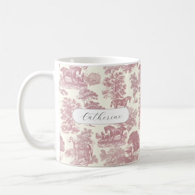 Taza De Café Elegante Rosa Chic Toile Rústico Caballo Nombre (Izquierda)