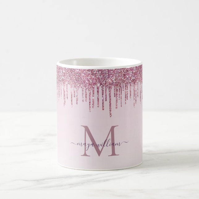 Taza De Café Elegante Rosa de Monograma Purpurina gotea café Mu (Centro)