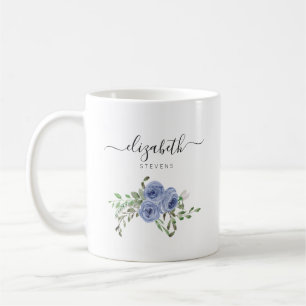 Taza De Café Elegante Rosa Floral Dusty Blue Watercolor Script