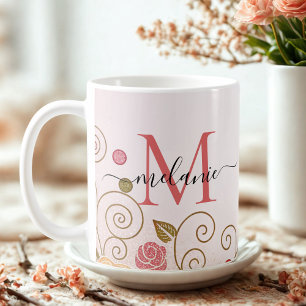 Taza De Café Elegante Rosa moderno Purpurina dorado guión monog