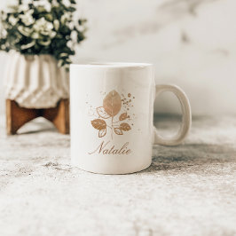 Taza De Café Elegante Rosa Oro Floral Nombre Personalizado