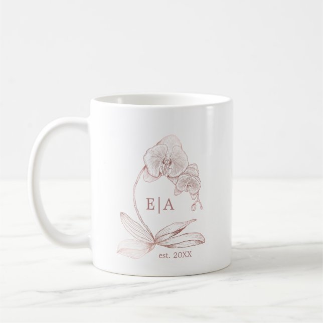 Taza De Café Elegante Rosa Polvo Orquídea Boda Monograma (Izquierda)