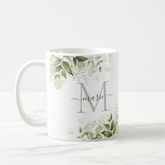 Taza De Café Elegante Rústico Sage Green Botánico Floral Nombre (Izquierda)