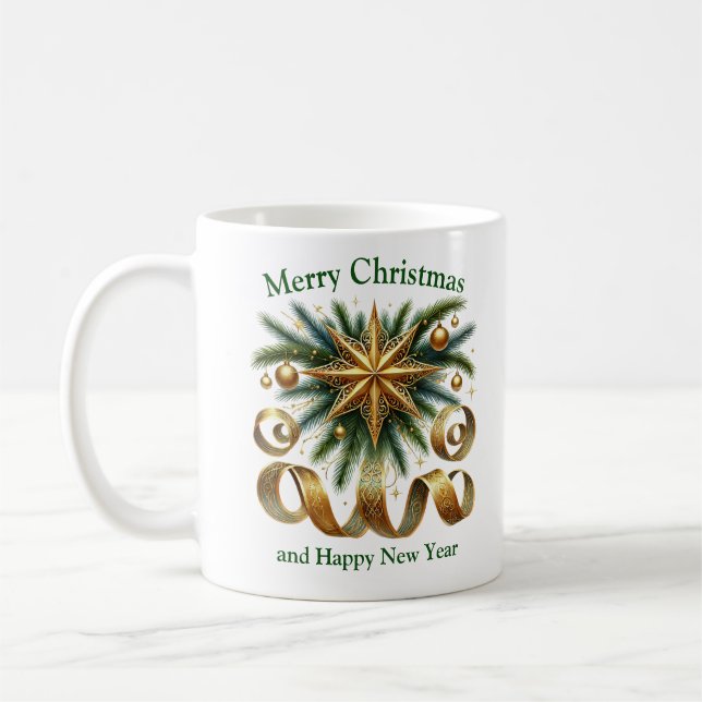 Taza De Café Elegante sabio y Navidades dorados estrella y vege (Izquierda)