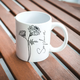 Taza De Café Elegante Script Marigold Octubre Nombre de las Flo