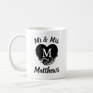 Taza De Café Elegante Sr. Letra M Heart Boda Gracias