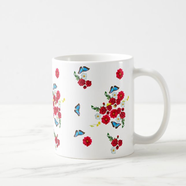 Taza De Café "Elegante tapete de impresión de rosa roja" (Derecha)