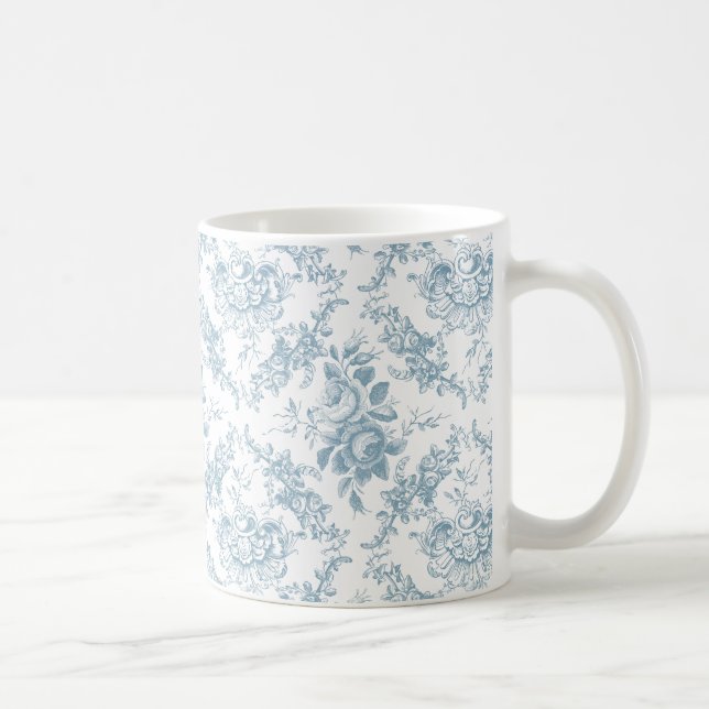 Taza De Café Elegante tela floral azul y blanca grabada (Derecha)