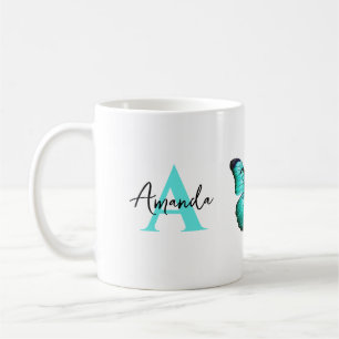 Taza De Café Elegante Verde azulado y negro Monogramo Nombre ma