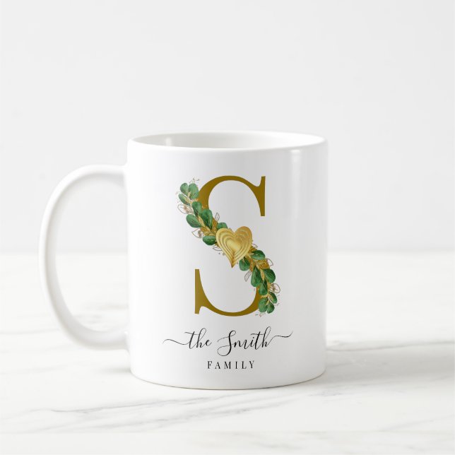 Taza De Café Elegante Verdor Monogramado Nombre Familia Letra S (Izquierda)