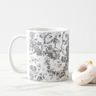 Taza De Café Elegante Vintage Francés Grabado Floral Toile-Gris