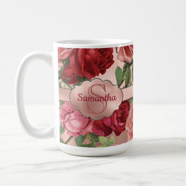 Taza De Café Elegante Vintage Roses Roses Rojos Floral Monogram (Izquierda)