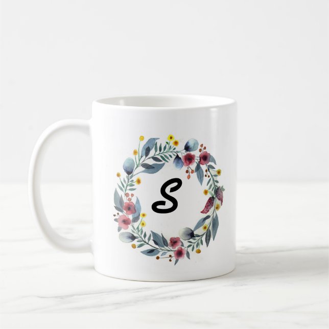 Taza De Café Elegante Wreath Floral Monogramado Café Mug (Izquierda)