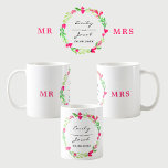 Taza De Café Elegante Wreath Floral Rosa MR Nombre Boda de la R<br><div class="desc">Mug con flores rosas con ramas verdes y hojas de diseño de corona. El nombre y la fecha de la pareja boda. MR por un lado y MRS por el otro. Personalice esta plantilla para agregar su información. Haga clic en el personalizar para realizar más cambios. Todo es personalizable.</div>