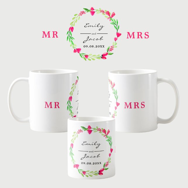 Taza De Café Elegante Wreath Floral Rosa MR Nombre Boda de la R (Elegant Pink Floral Wreath MR MRS Wedding Names Coffee Mug)