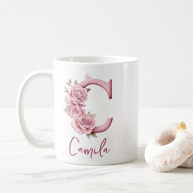 Taza De Café Elegante y personalizado Monograma de Floral Rosa  (Con donut)
