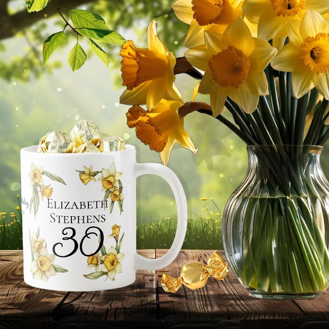 Taza De Café Elegante Yellow Daffodils Floral 30 cumpleaños (Elegant Yellow Daffodils Floral "30" 30th Birthday Keepsake Coffee Mug)