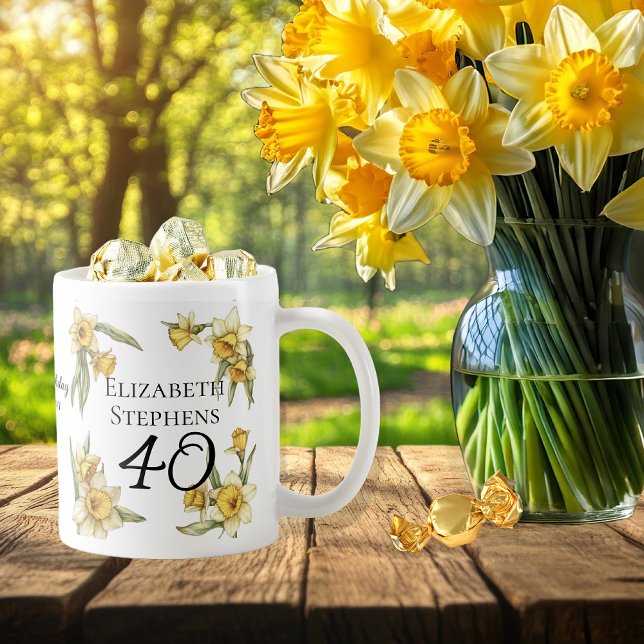 Taza De Café Elegante Yellow Daffodils Floral 40 cumpleaños (Elegant Yellow Daffodils Floral "40" 40th Birthday Keepsake Coffee Mug)
