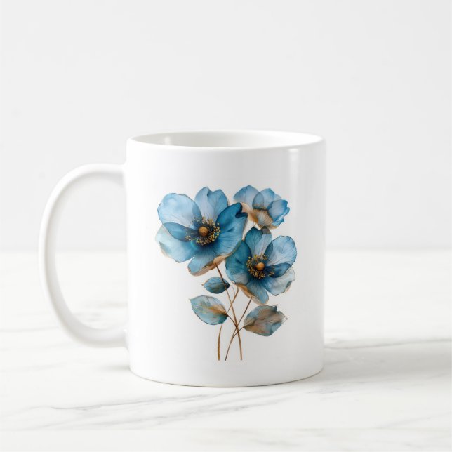 Taza De Café Elegantes acuarelas flores azules y doradas (Izquierda)