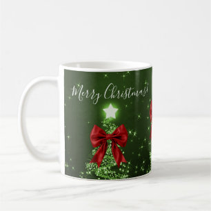 Taza De Café Elegantes árboles de Navidad verdes con lazos rojo