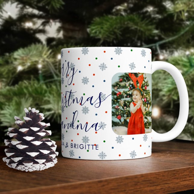 Taza De Café Elegantes copos de nieve Fotos navideñas (Christmas photo mug with snowflakes and custom text)