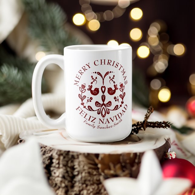 Taza De Café Elegantes Navidades bilingües de Borgoña (Biligual Christmas Mug, Spanish, customizable family name & text. Multilingual Project)