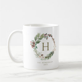 Taza De Café Elegantes Navidades de acuarela Wreath Monograma