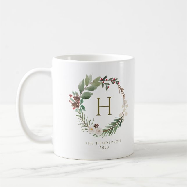 Taza De Café Elegantes Navidades de acuarela Wreath Monograma (Izquierda)