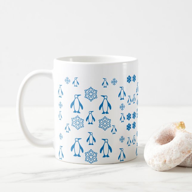 Taza De Café Elegantes Pingüinos Azules Con Patrón De Copos De  (Con donut)