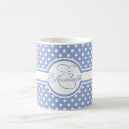 Taza De Café Elegantes puntos de Polka Blanco en Monograma Azul