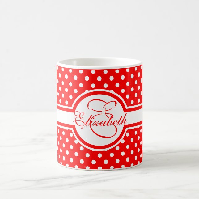 Taza De Café Elegantes puntos de Polka Blanco en Monograma Rojo (Centro)