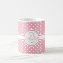 Taza De Café Elegantes puntos de Polka Blanco en Monograma Rosa