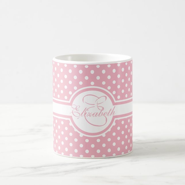 Taza De Café Elegantes puntos de Polka Blanco en Monograma Rosa (Centro)