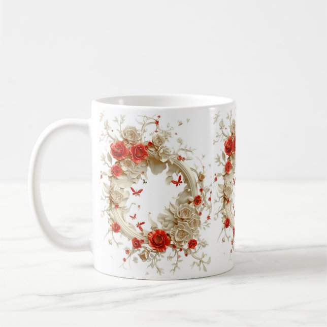Taza De Café Elegantes Rosas 3D, abejas y belleza botánica (Izquierda)