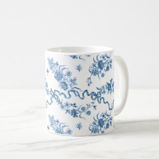 Taza De Café Elegantes Rosas azules grabados de época y cintas