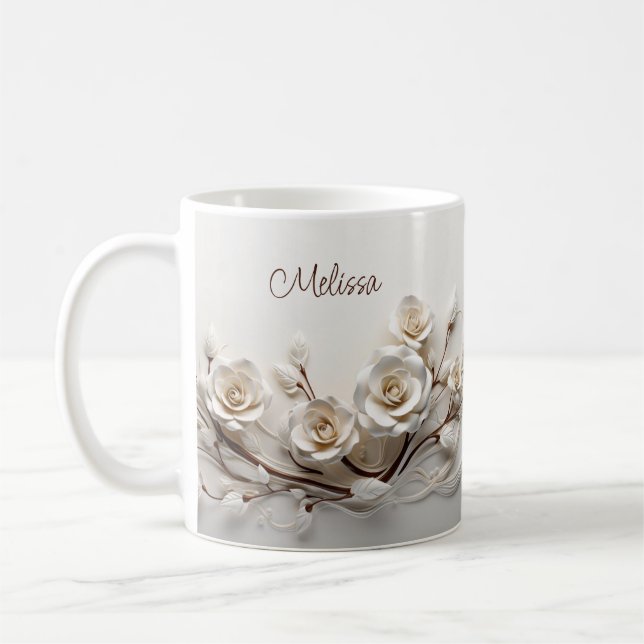 Taza De Café Elegantes Rosas blancos 3D (Izquierda)