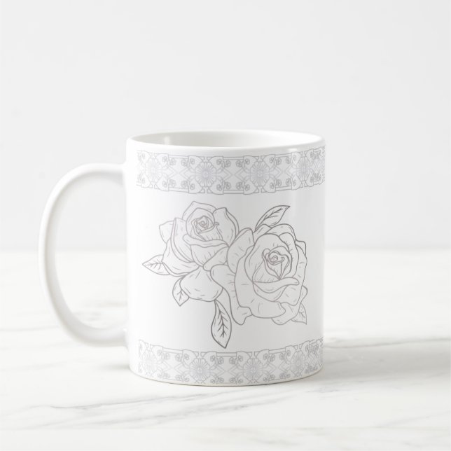 Taza De Café Elegantes Rosas Plateados Y Bordados De Lace (Izquierda)