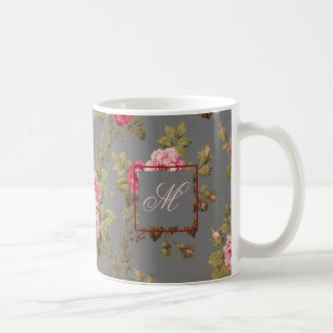 Taza De Café Elegantes Rosas Vintage con fondo monogramo-gris