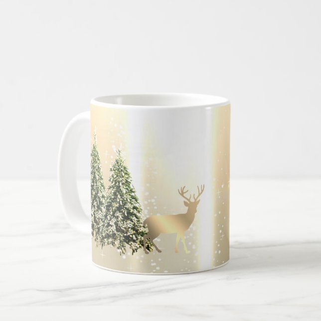 Taza De Café Elegantes y elegantes pinos, renos de Navidad  (Anverso izquierdo)