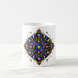 Taza De Café Emblema Cósmico Celestial Dorado Azul Símbolo Míst