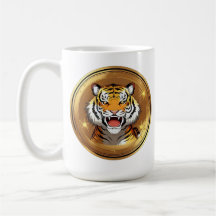 Emblema de cabeza de tigre en fondo circular dorad