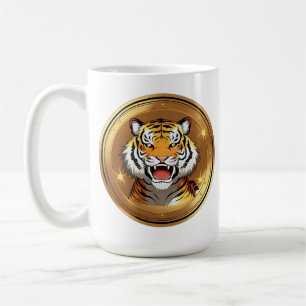 Taza De Café Emblema de cabeza de tigre en fondo circular dorad