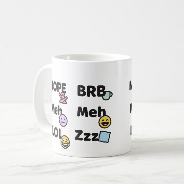 Taza De Café Emoji Slang Mug - Gracioso No Meh LOL BRB Zzz (Anverso izquierdo)