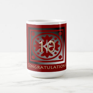 Taza De Café Empleado 10° Aniversario Elegante Rojo Dorado