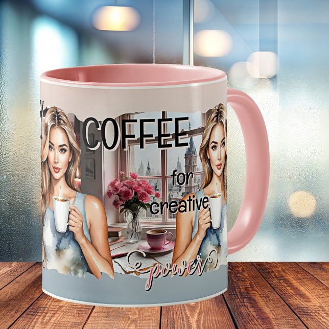 Taza De Café Empoderar a las mujeres creativas artísticas (Office mug featuring a watercolor illustration of a young woman with coffee. Empowering women.)